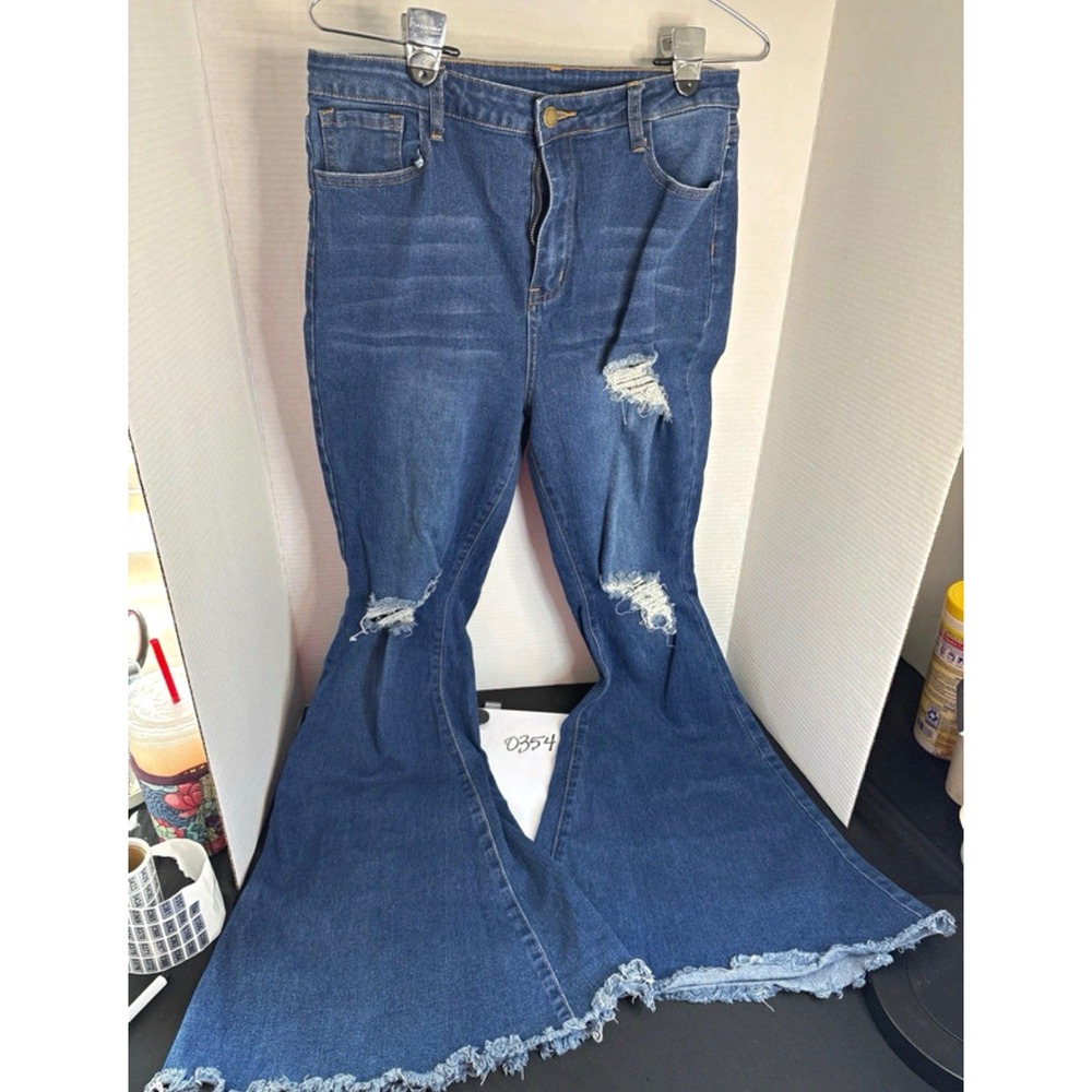 SHEIN Women's 29 Flared Distressed Blue Denim Jeans